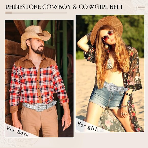 Leather Belt Rhinestone Bling Studded 1.5" Unisex Fashion Silver Buckle - Picture 4 of 6